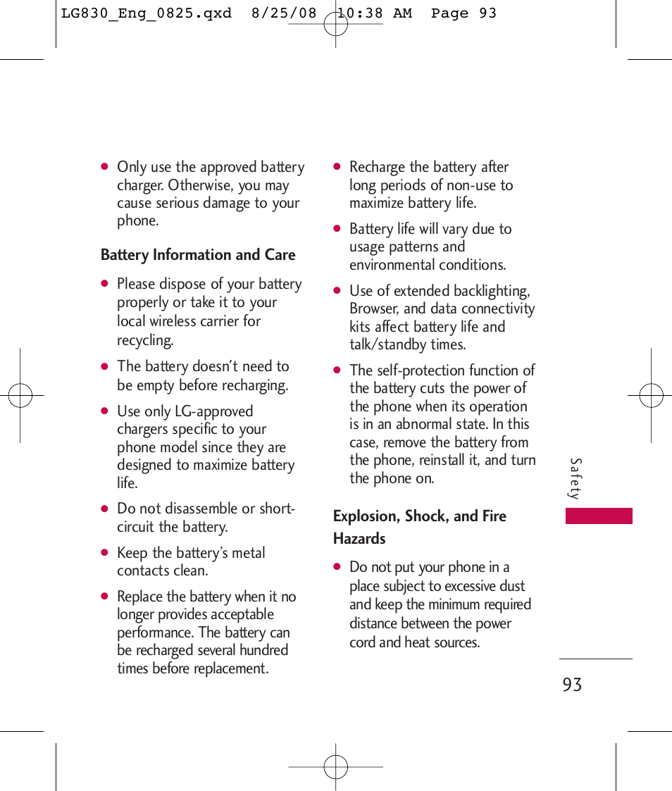 Battery information and care, Explosion, shock, and fire hazards, Do not disassemble or short- circuit the battery | Keep the battery’s metal contacts clean | LG LG830 User Manual | Page 95 / 255