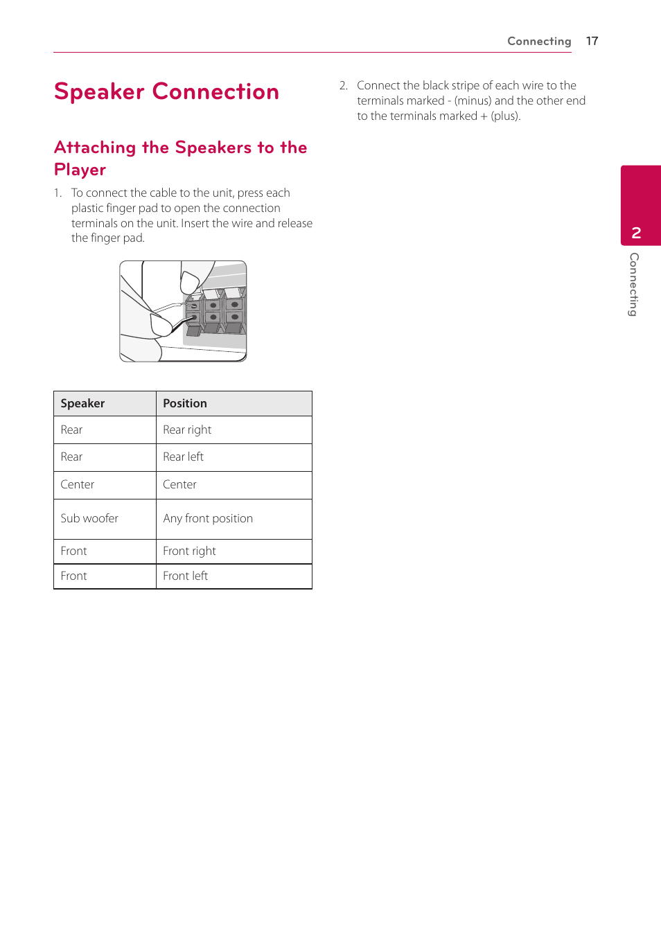 Speaker connection, Attaching the speakers to the player | LG BH4120S User Manual | Page 17 / 54