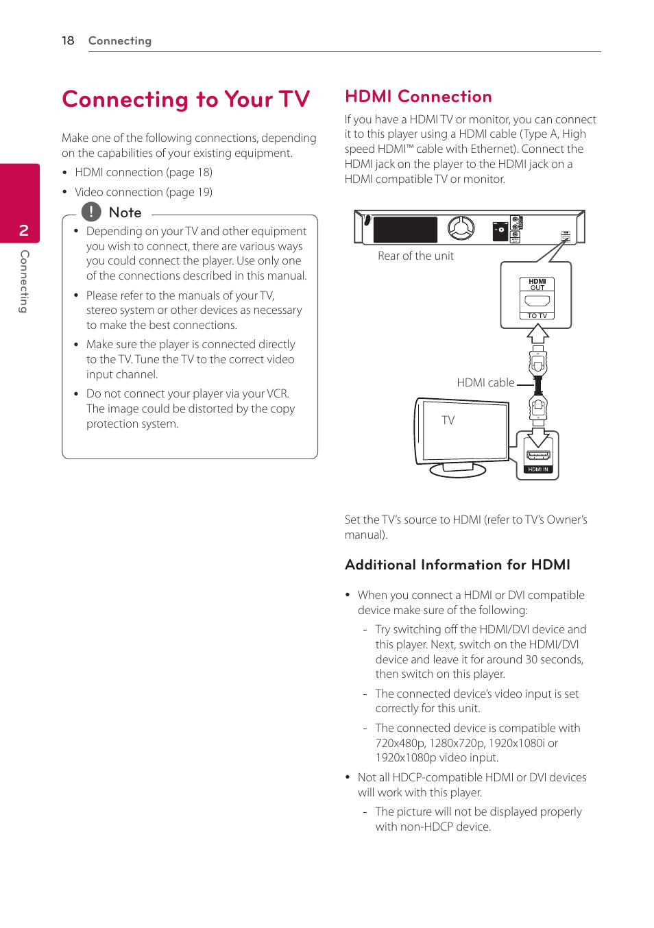 Connecting to your tv, Hdmi connection, 18 connecting to your tv 18 – hdmi connection | LG BH4120S User Manual | Page 18 / 54