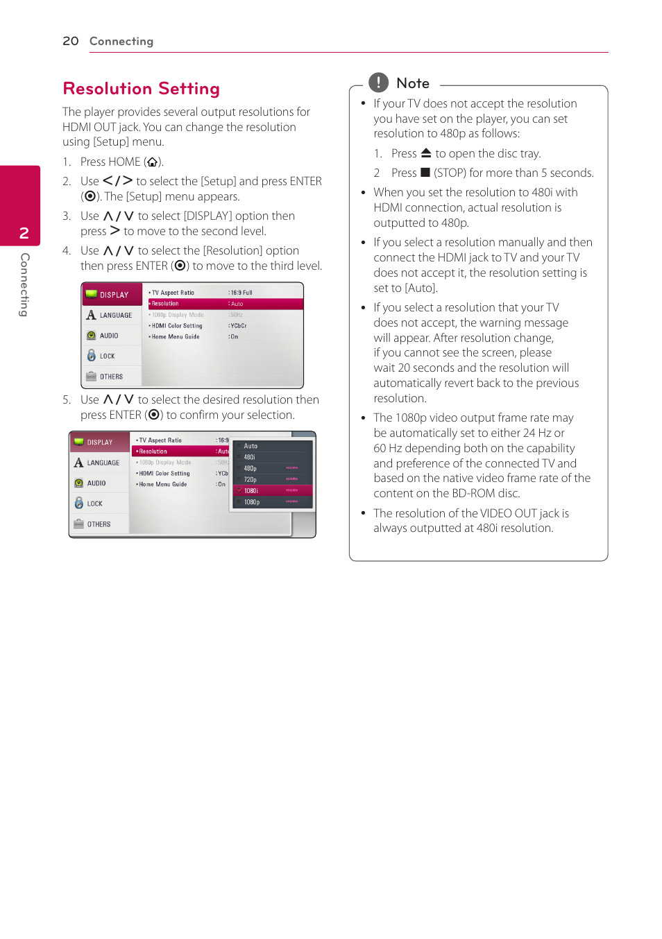 Resolution setting, 20 – resolution setting | LG BH4120S User Manual | Page 20 / 54
