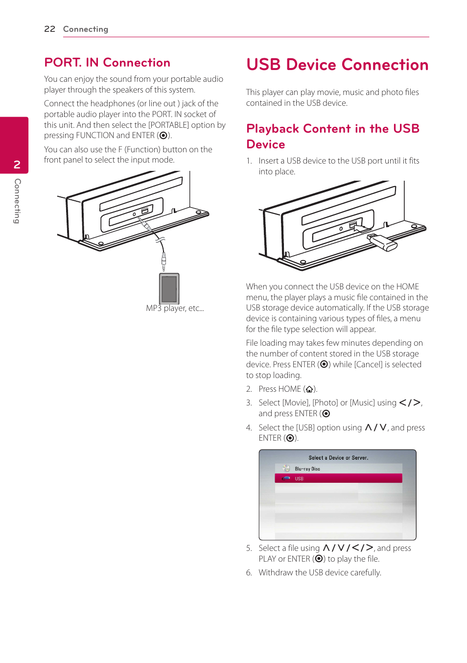 Port. in connection, Usb device connection, Playback content in the usb device | LG BH4120S User Manual | Page 22 / 54