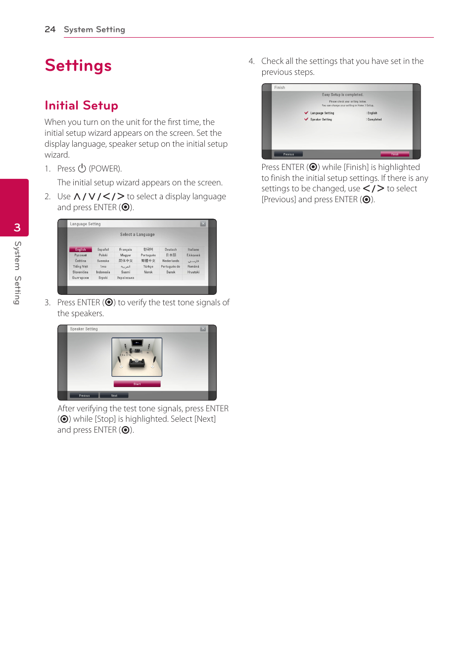 3 system setting, Settings, Initial setup | 24 settings 24 – initial setup | LG BH4120S User Manual | Page 24 / 54