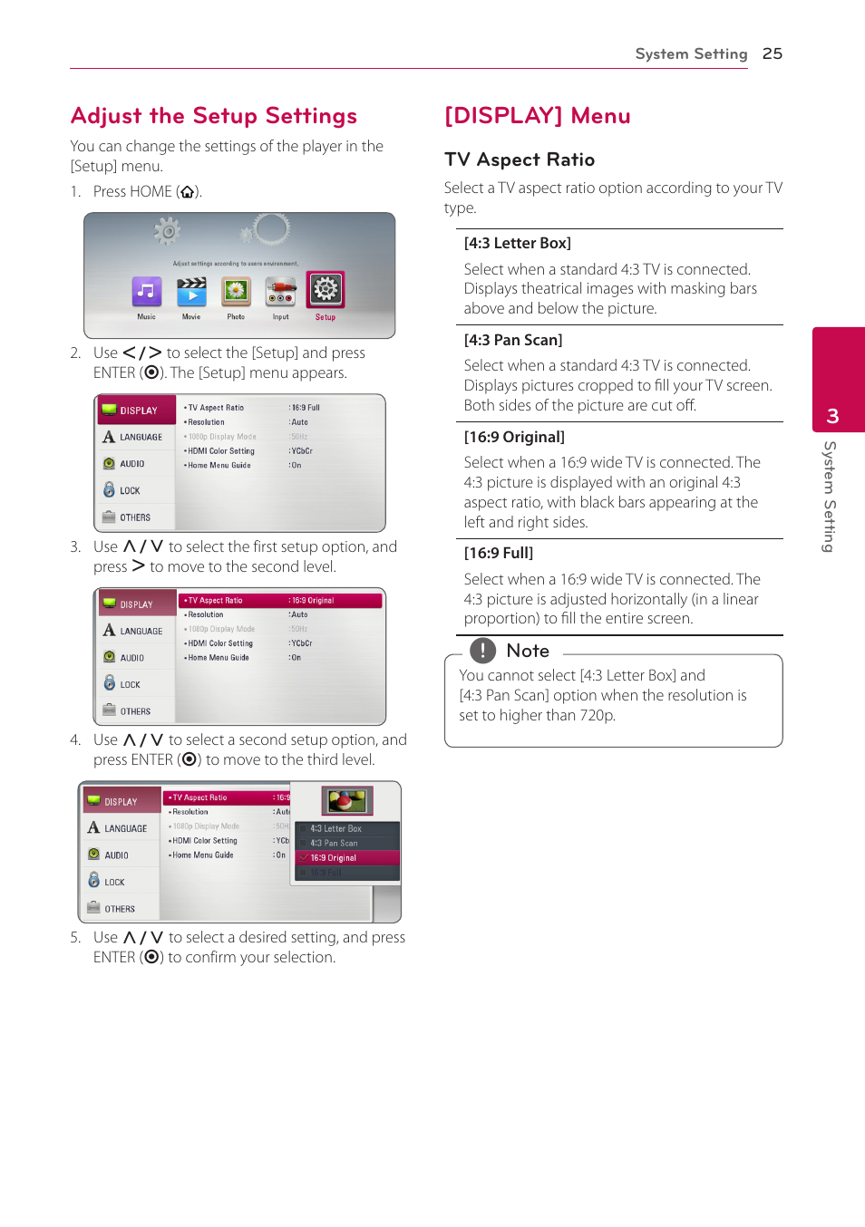 Adjust the setup settings, Display] menu, 25 – adjust the setup settings 25 – [display] menu | LG BH4120S User Manual | Page 25 / 54