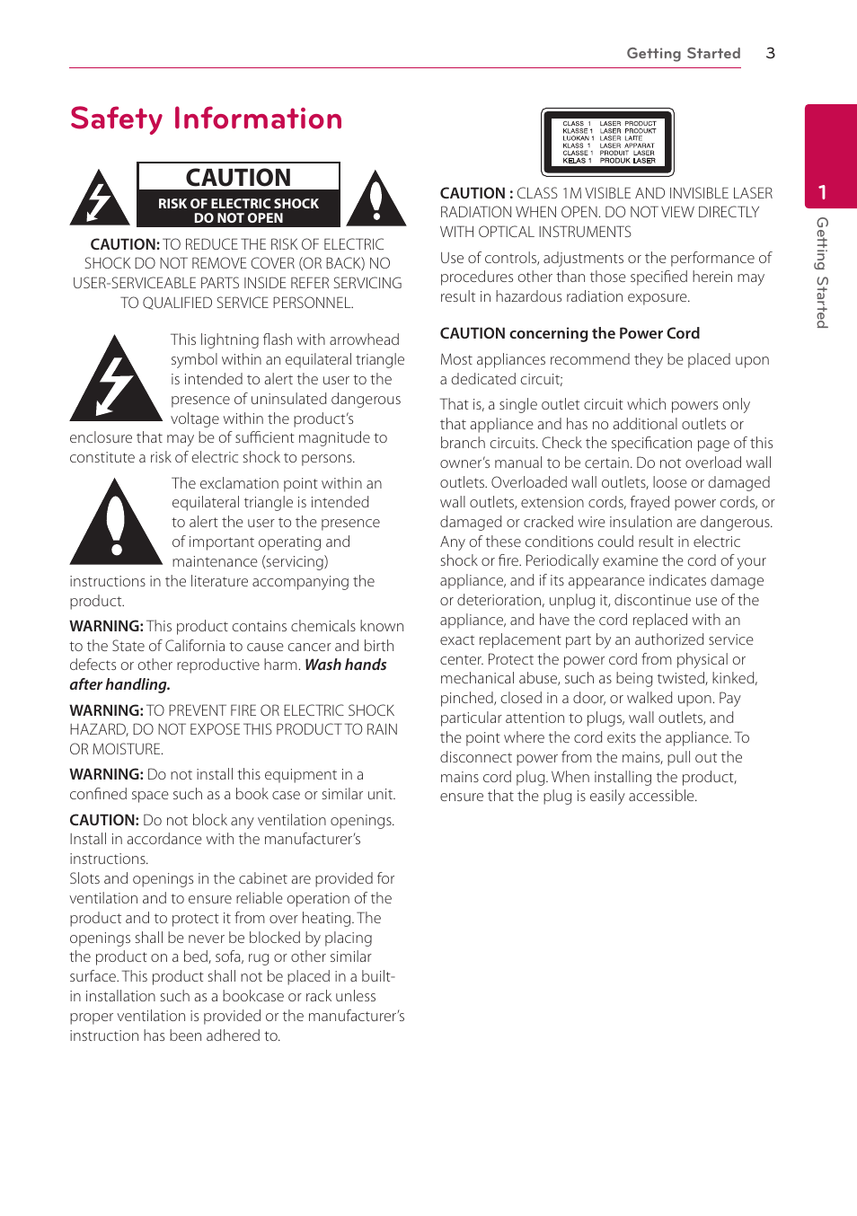 1 getting started, Safety information, Caution | LG BH4120S User Manual | Page 3 / 54