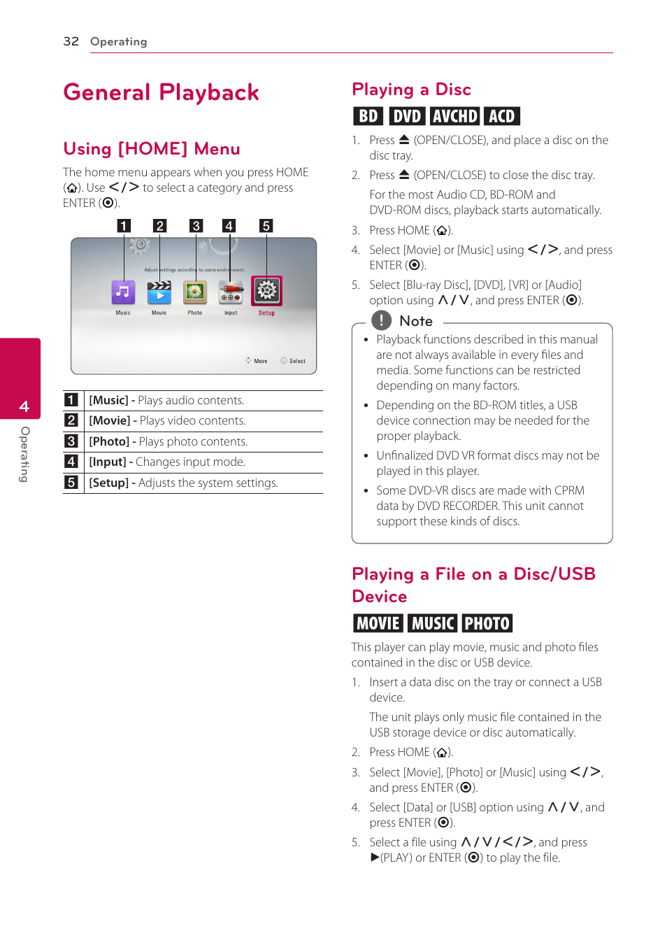 4 operating, General playback, Using [home] menu | Playing a disc, Playing a file on a disc/usb device, Playing a disc erot, Playing a file on a disc/usb device yui | LG BH4120S User Manual | Page 32 / 54
