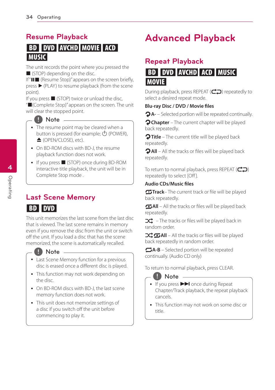 Resume playback, Last scene memory, Advanced playback | Repeat playback, Resume playback eroyt u, Repeat playback erotu y | LG BH4120S User Manual | Page 34 / 54