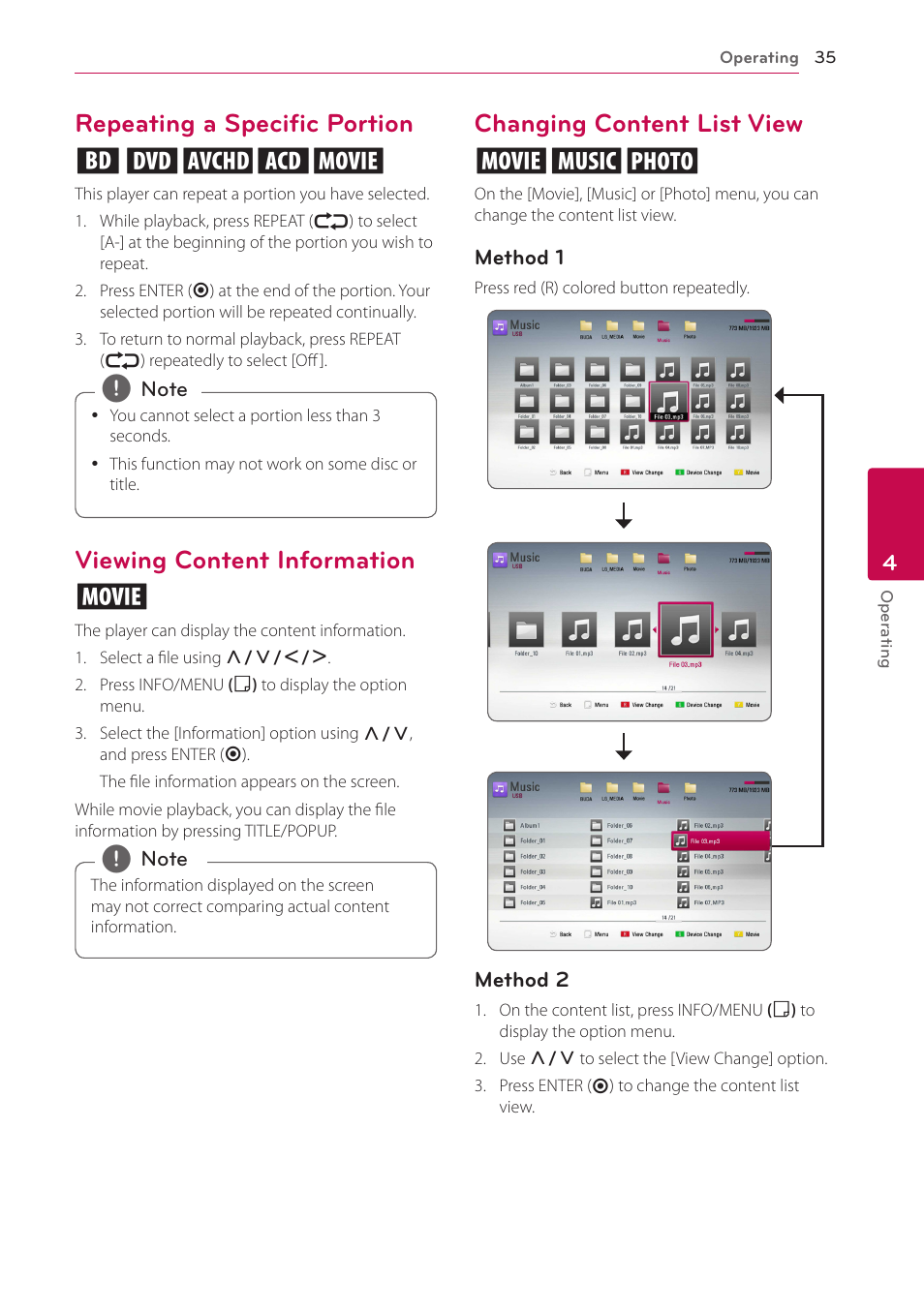 Repeating a specific portion, Viewing content information, Changing content list view | Repeating a specific portion eroty, Viewing content information y, Changing content list view yui | LG BH4120S User Manual | Page 35 / 54