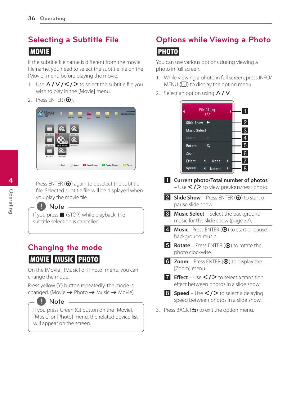 Selecting a subtitle file, Changing the mode, Options while viewing a photo | Selecting a subtitle file y, Changing the mode yui, Options while viewing a photo i | LG BH4120S User Manual | Page 36 / 54
