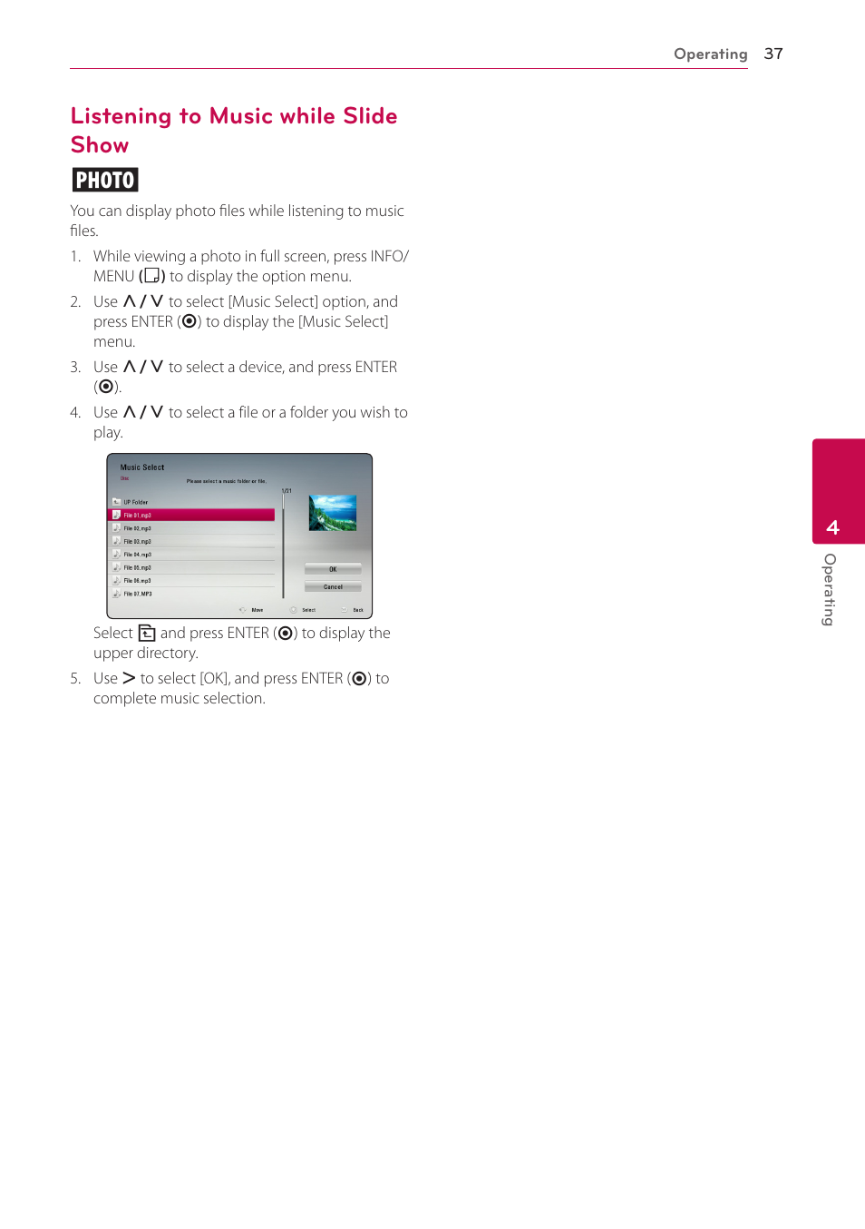 Listening to music while slide show, 37 – listening to music while slide show, Listening to music while slide show i | LG BH4120S User Manual | Page 37 / 54