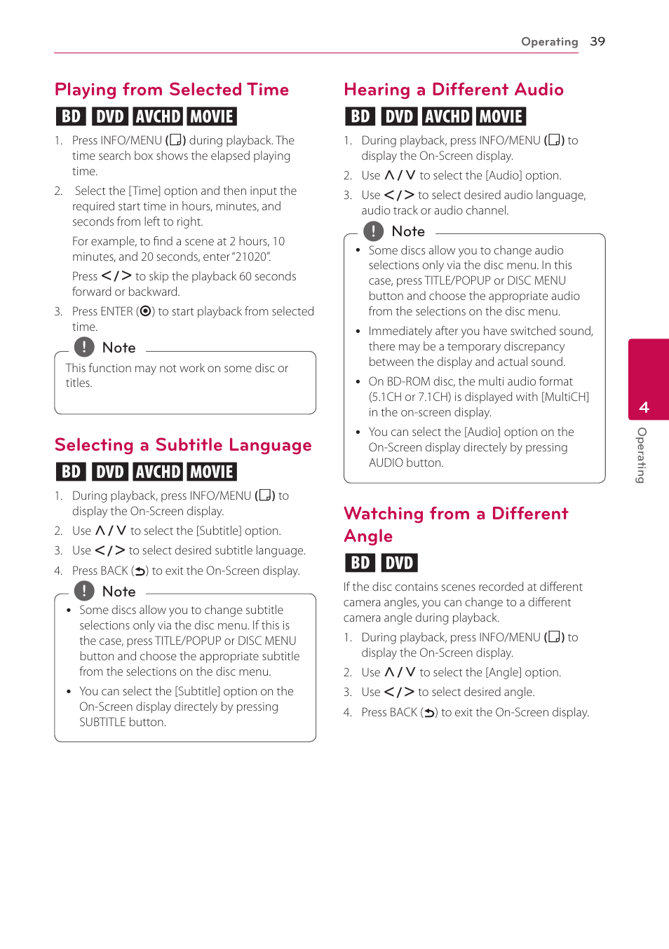 Playing from selected time, Selecting a subtitle language, Hearing a different audio | Watching from a different angle, Playing from selected time eroy, Selecting a subtitle language eroy, Hearing a different audio eroy, Watching from a different angle er | LG BH4120S User Manual | Page 39 / 54