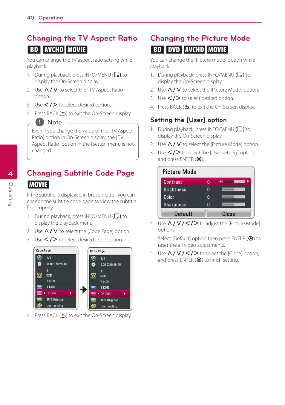 Changing the tv aspect ratio, Changing the picture mode, Changing the tv aspect ratio eoy | Changing subtitle code page y, Changing the picture mode eroy | LG BH4120S User Manual | Page 40 / 54