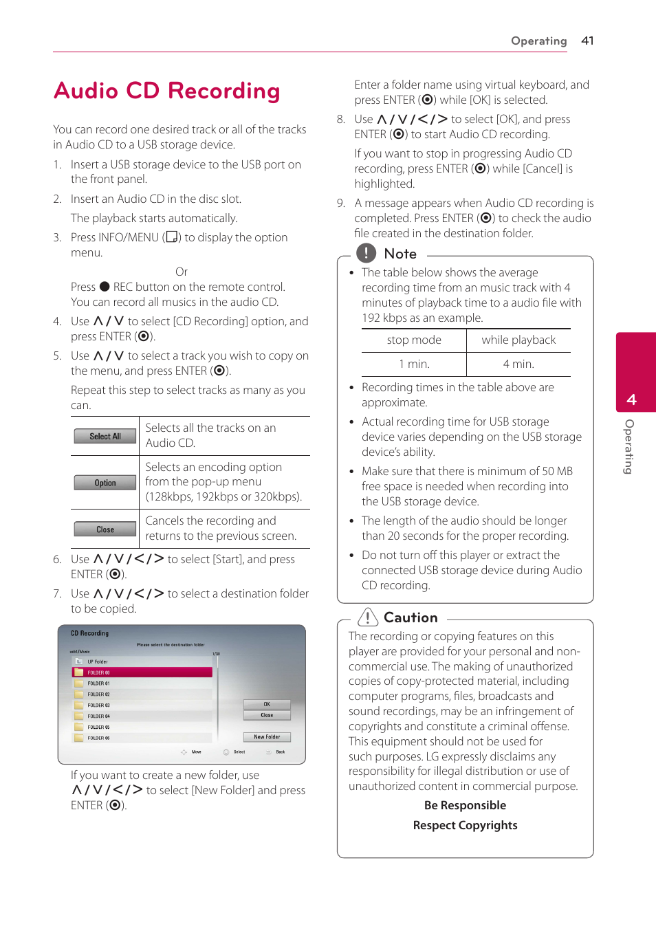 Audio cd recording | LG BH4120S User Manual | Page 41 / 54