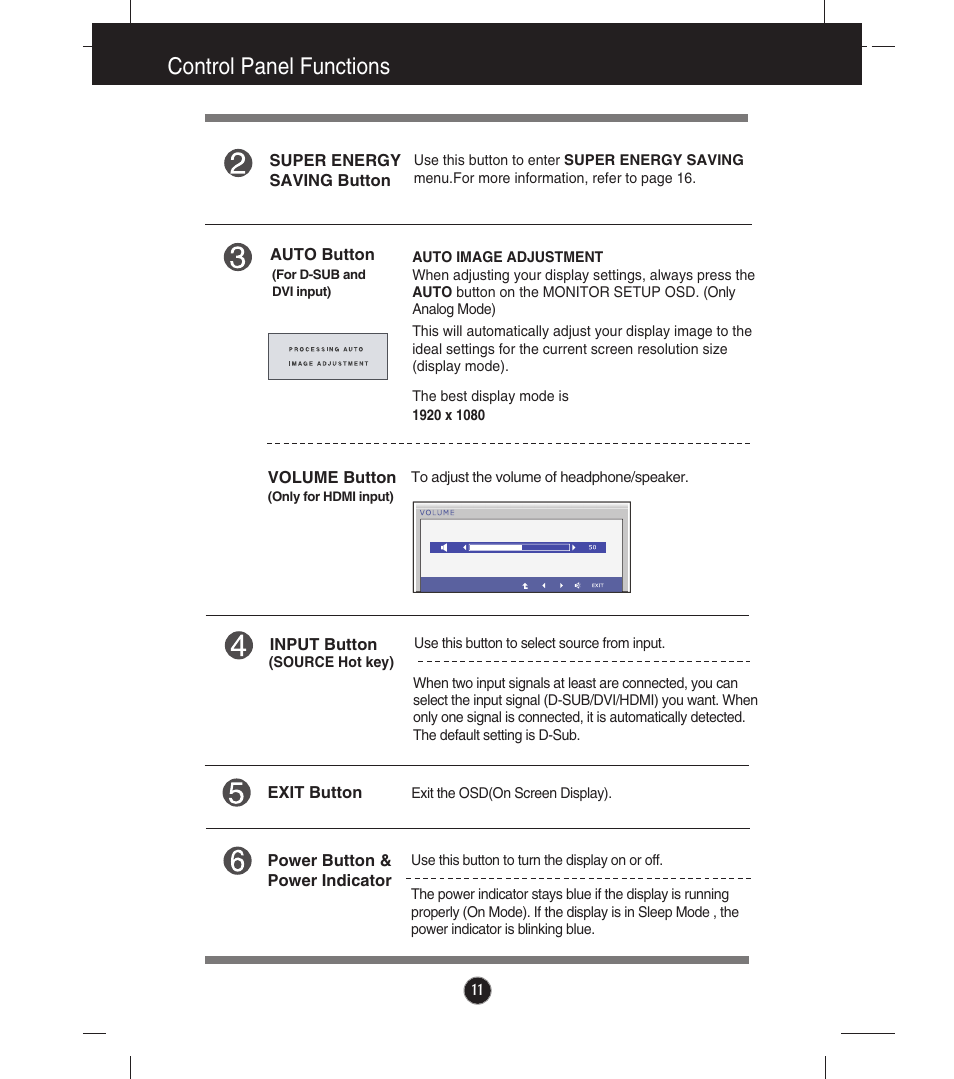 Control panel functions | LG E2241VB-BN User Manual | Page 12 / 31