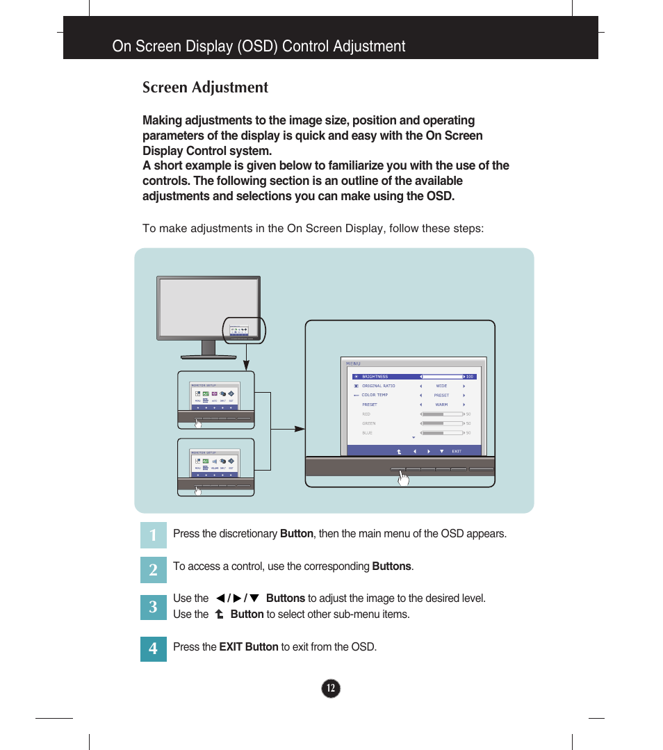 On screen display (osd) control adjustment, Screen adjustment | LG E2241VB-BN User Manual | Page 13 / 31