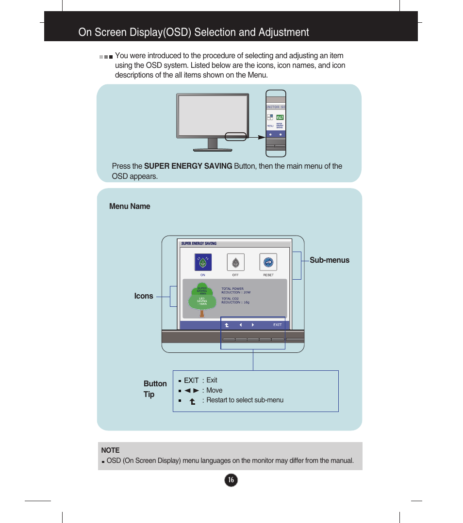 Super energy saving, On screen display(osd) selection and adjustment | LG E2241VB-BN User Manual | Page 17 / 31