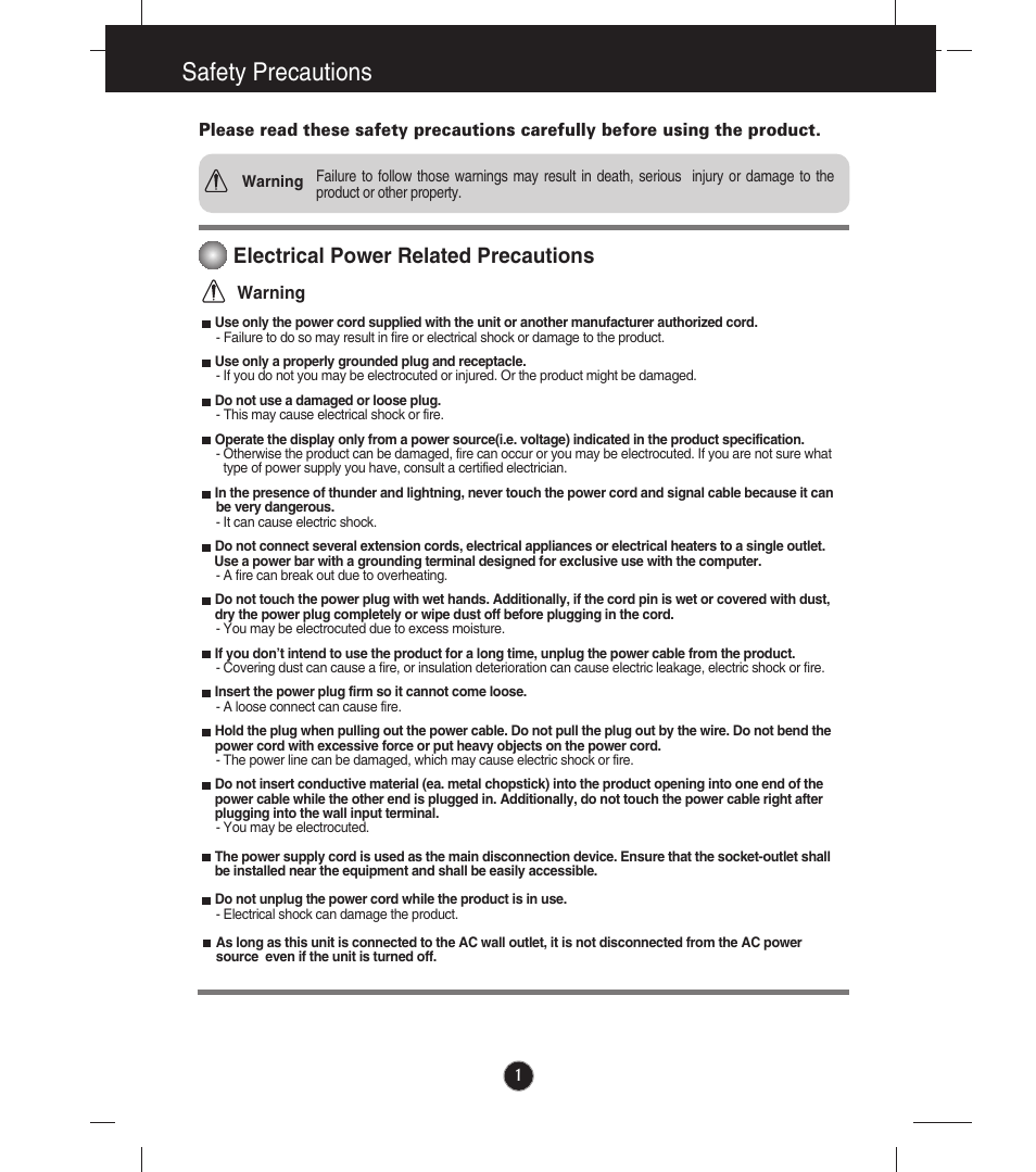 Safety precautions, Electrical power related precautions | LG E2241VB-BN User Manual | Page 2 / 31