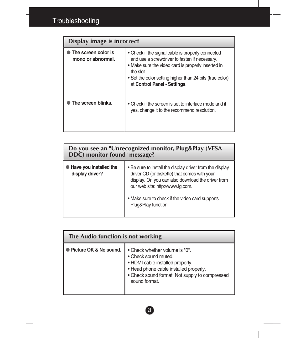 The audio function is not working, Troubleshooting | LG E2241VB-BN User Manual | Page 22 / 31