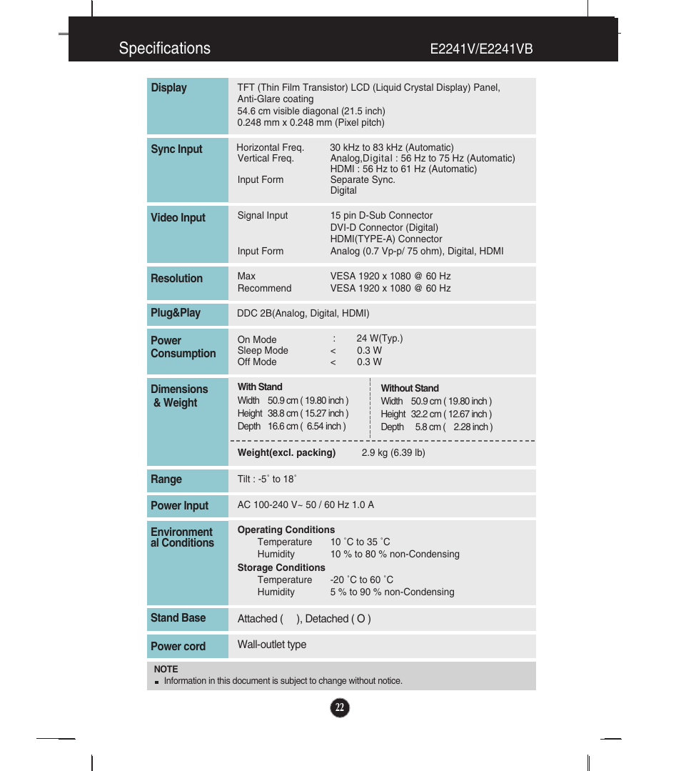 Specifications, E2241v/e2241vb | LG E2241VB-BN User Manual | Page 23 / 31