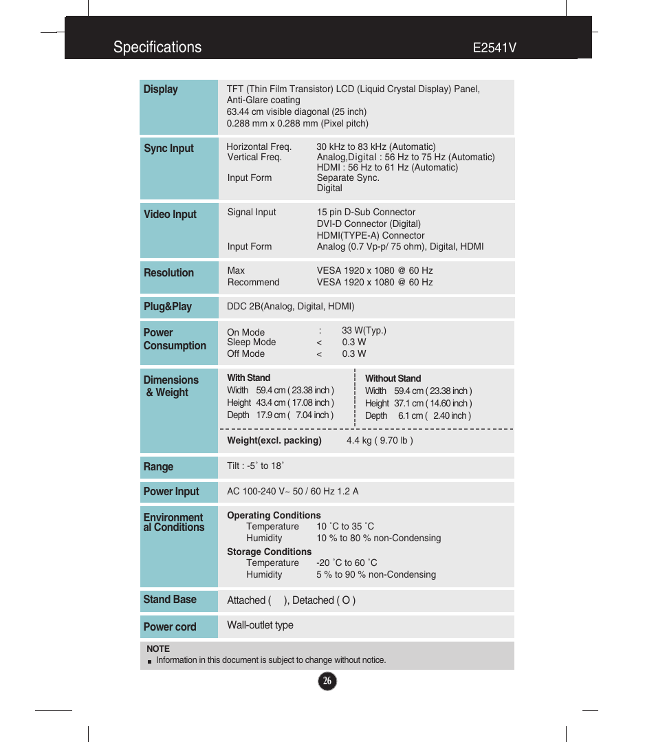 E2541v, Specifications | LG E2241VB-BN User Manual | Page 27 / 31