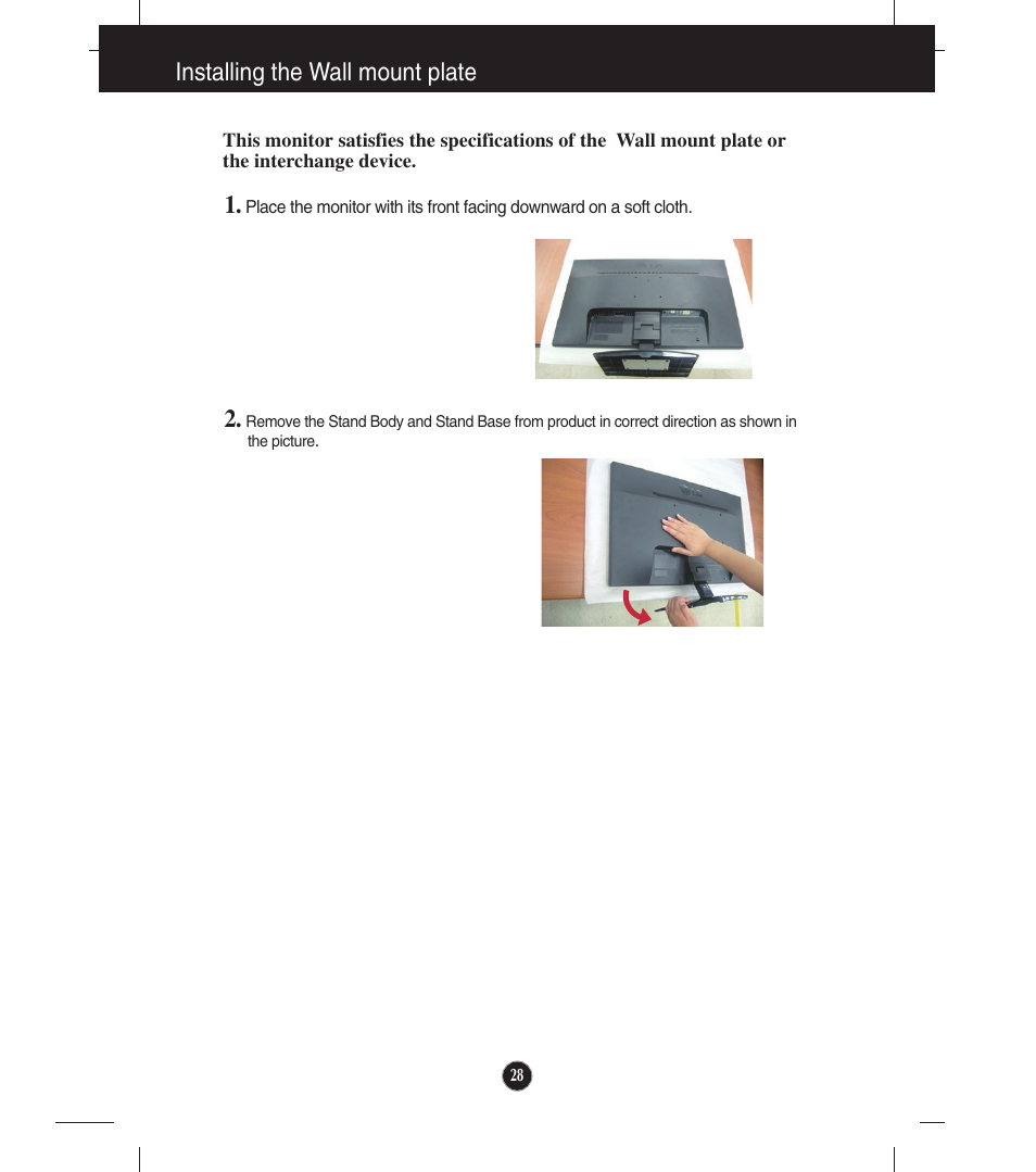 Installing the wall mount plate | LG E2241VB-BN User Manual | Page 29 / 31