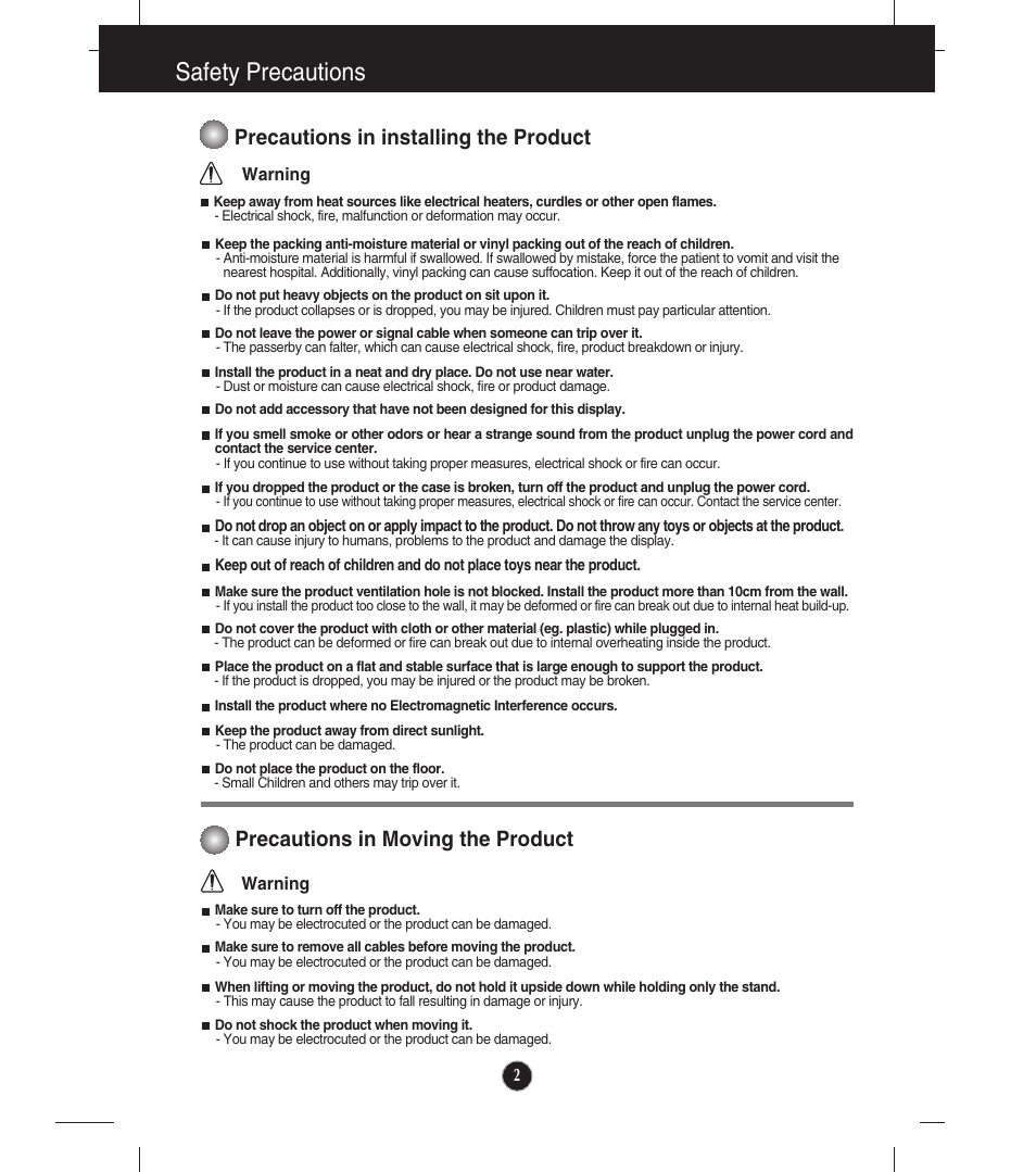 Precautions in installing the product, Precautions in moving the product, Safety precautions | LG E2241VB-BN User Manual | Page 3 / 31