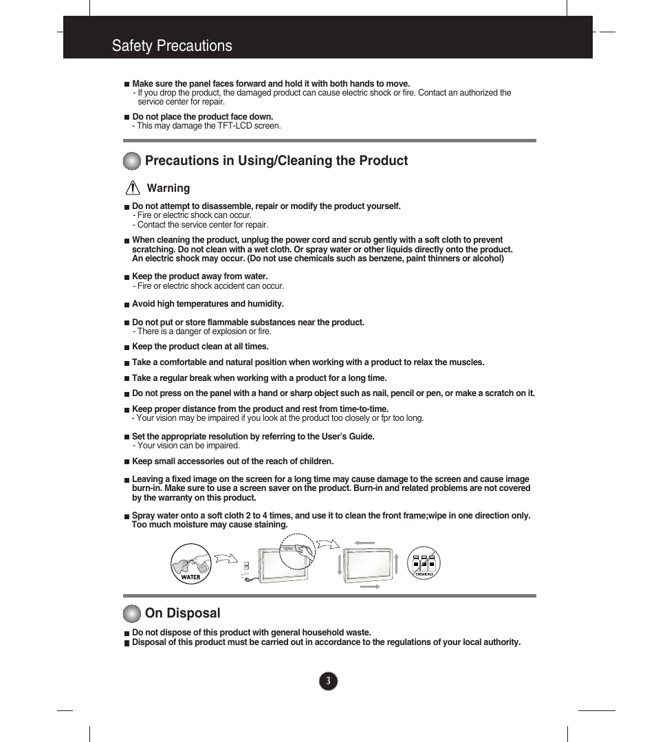 Precautions in using/cleaning the product, On disposal, Safety precautions | LG E2241VB-BN User Manual | Page 4 / 31