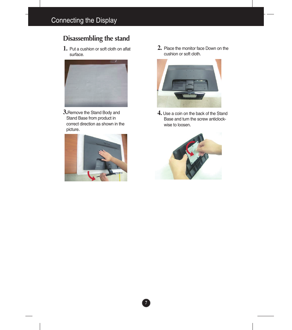 Disassembling the stand, Connecting the display disassembling the stand | LG E2241VB-BN User Manual | Page 8 / 31