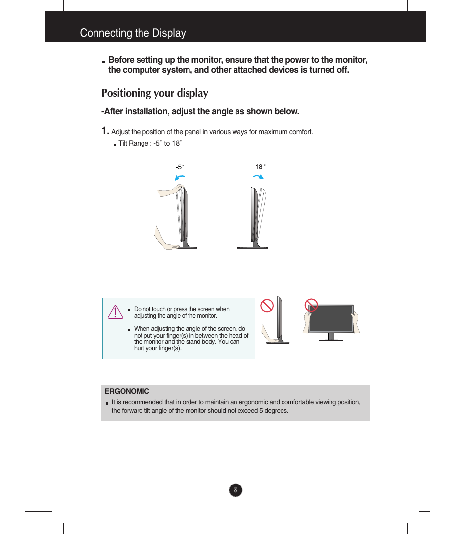 Positioning your display, Connecting the display | LG E2241VB-BN User Manual | Page 9 / 31