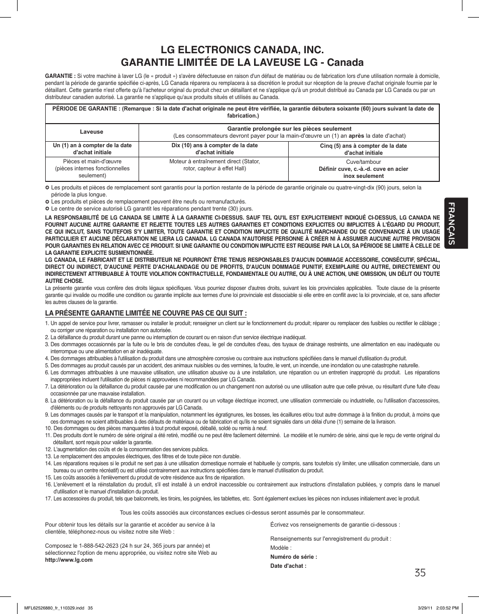 Français | LG WM2550HWCA User Manual | Page 107 / 108