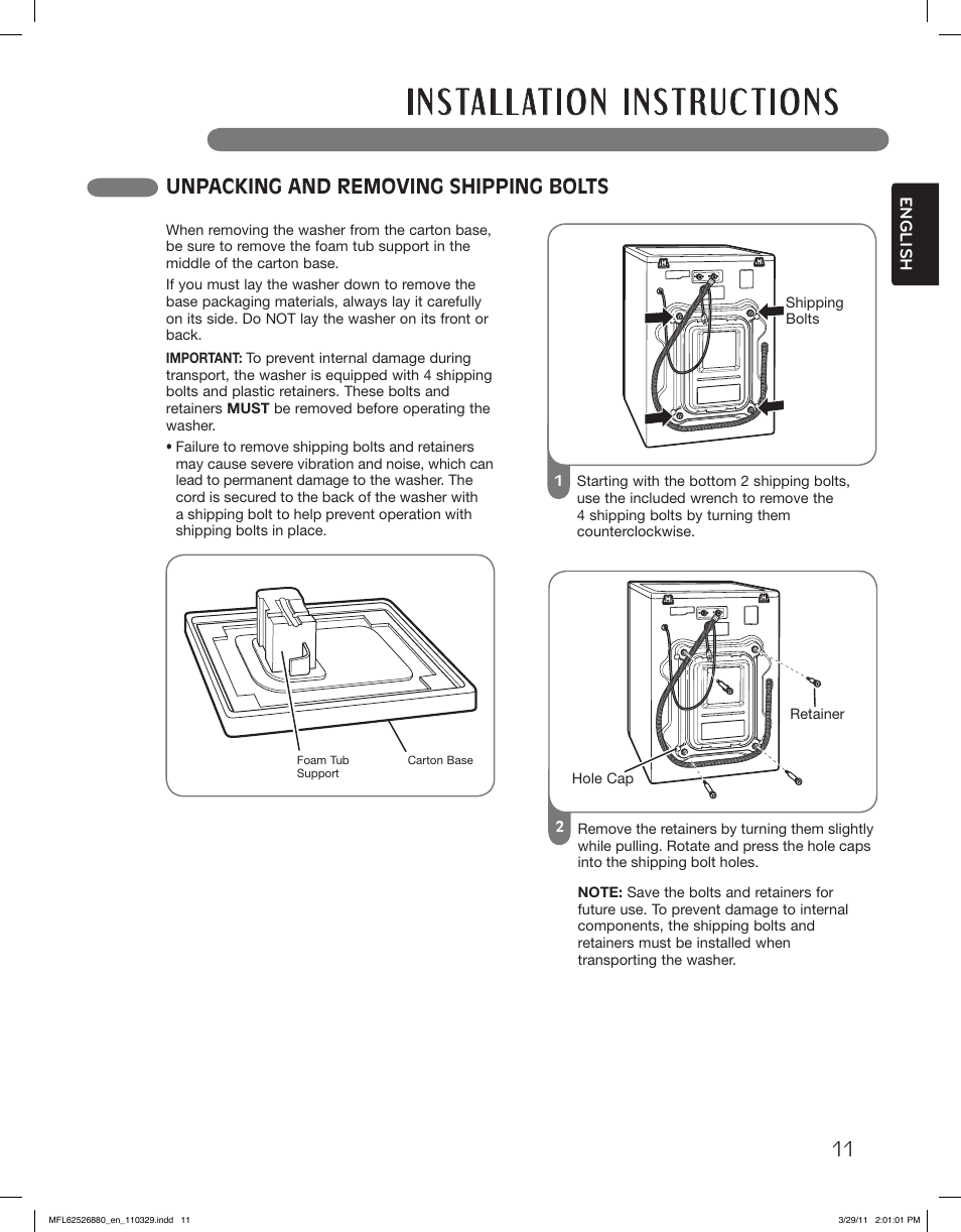 Unpacking and removing shipping bolts | LG WM2550HWCA User Manual | Page 11 / 108