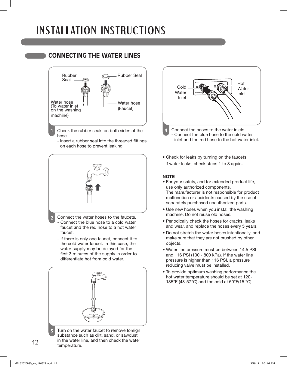 Connecting the water lines | LG WM2550HWCA User Manual | Page 12 / 108