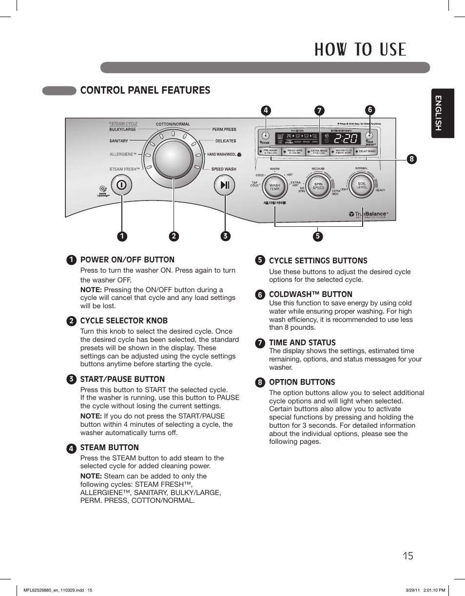 H o w to u s e, Control panel features | LG WM2550HWCA User Manual | Page 15 / 108