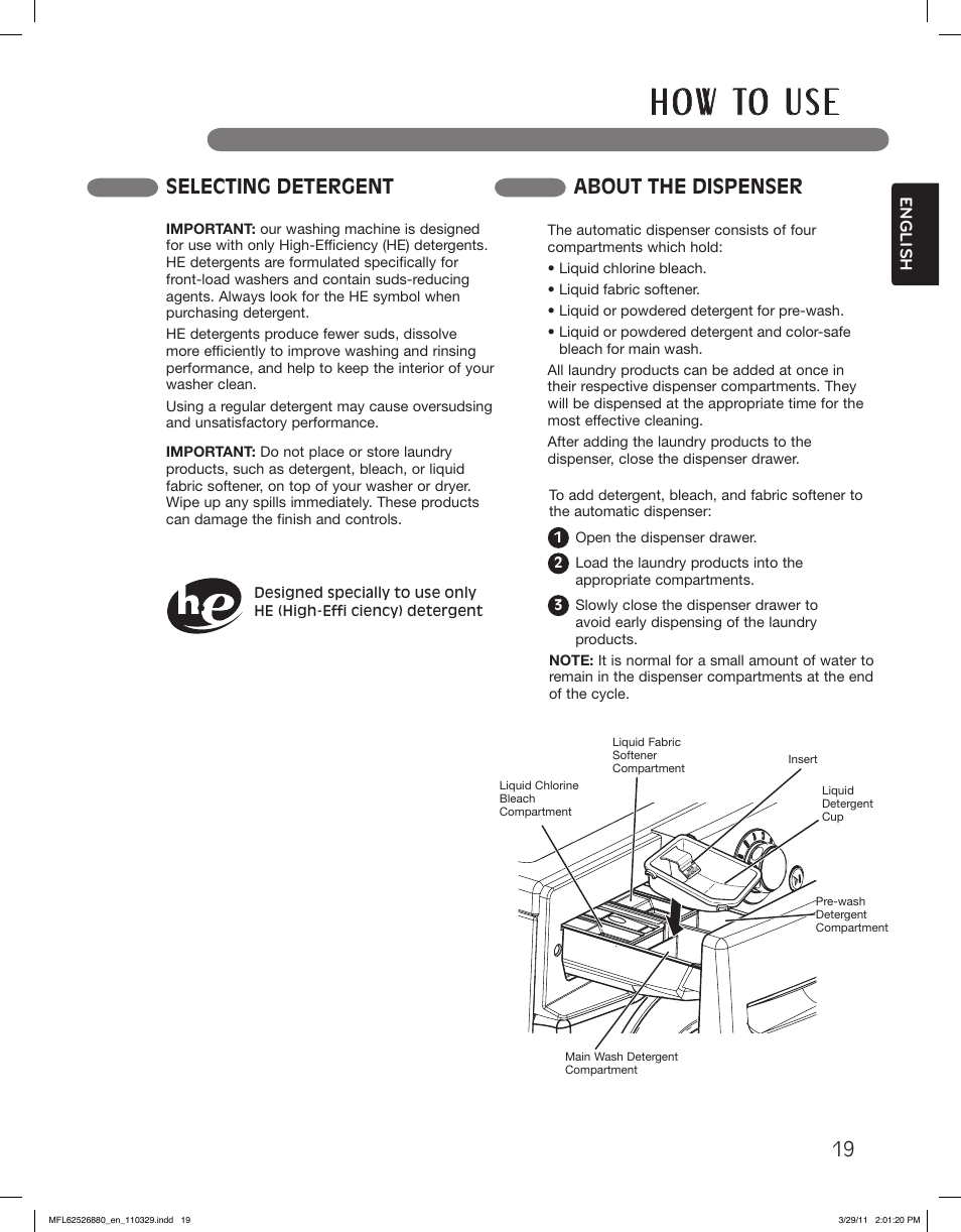 H o w to u s e, Selecting detergent about the dispenser | LG WM2550HWCA User Manual | Page 19 / 108