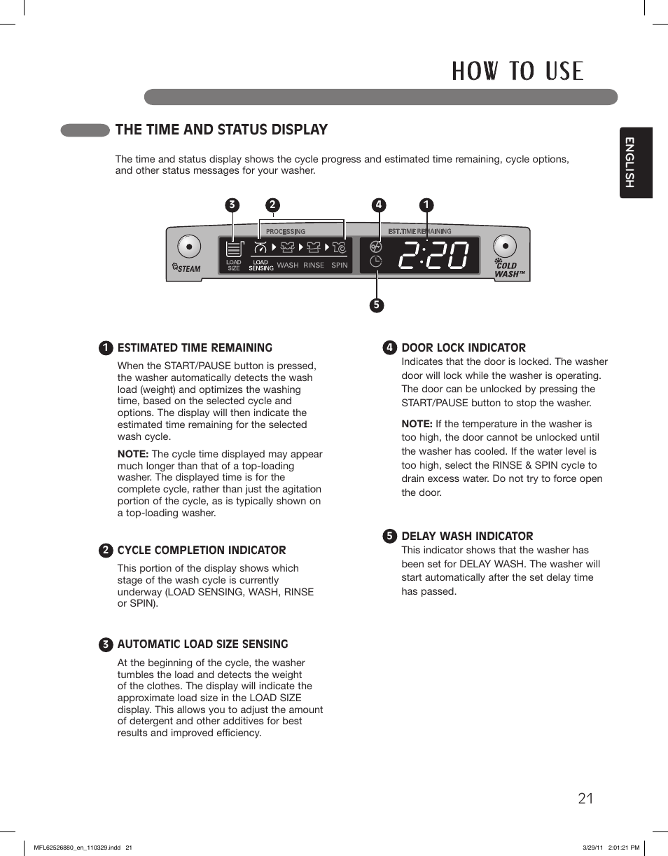 H o w to u s e, The time and status display | LG WM2550HWCA User Manual | Page 21 / 108