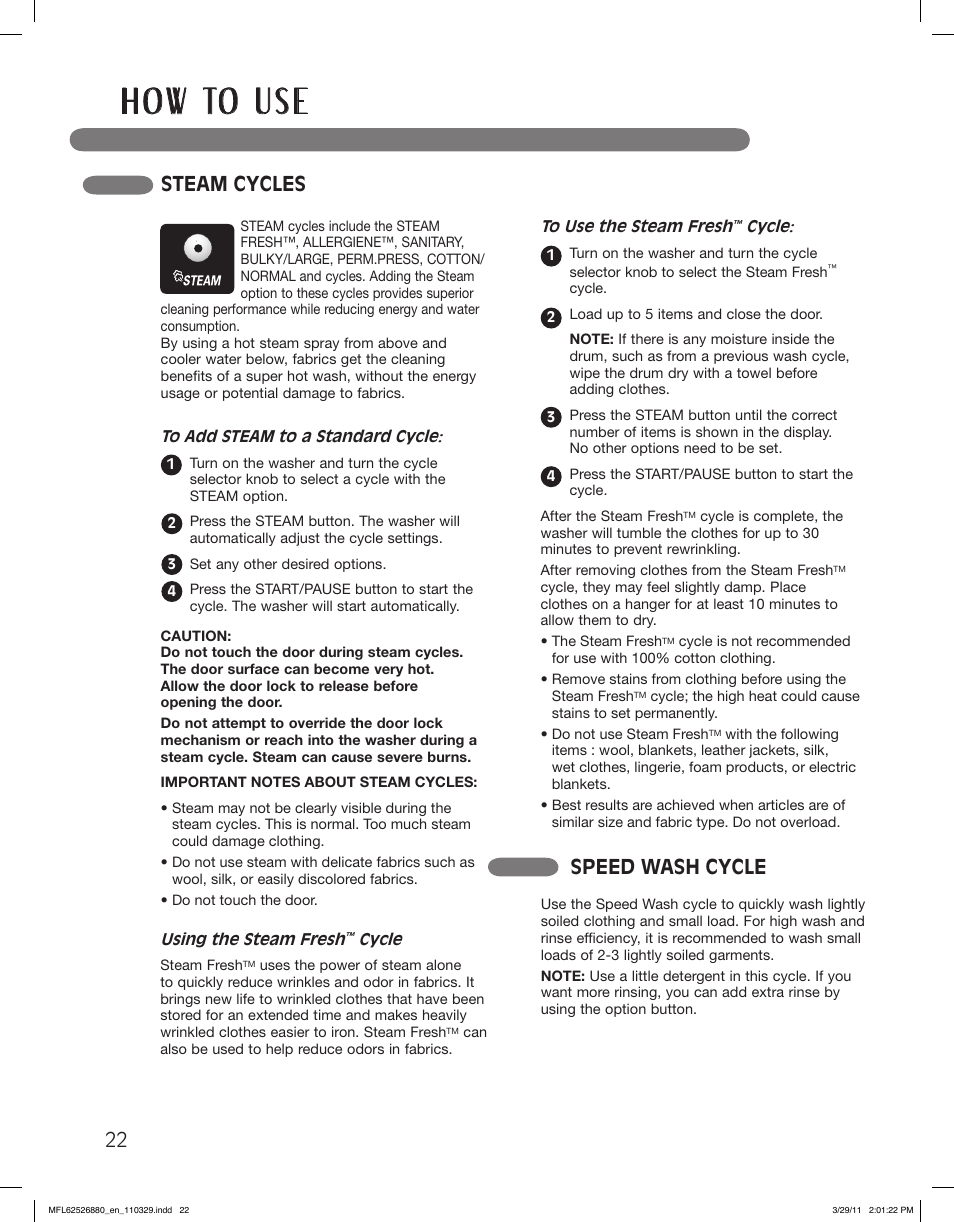 H o w to u s e, Steam cycles speed wash cycle | LG WM2550HWCA User Manual | Page 22 / 108