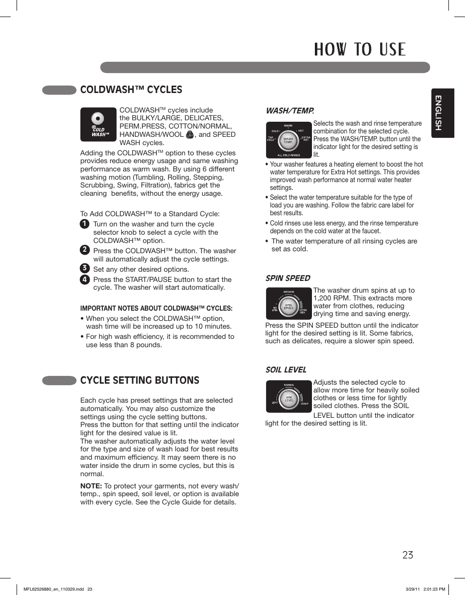 H o w to u s e, Cycle setting buttons, Coldwash™ cycles | Speed wash cycle 23 | LG WM2550HWCA User Manual | Page 23 / 108