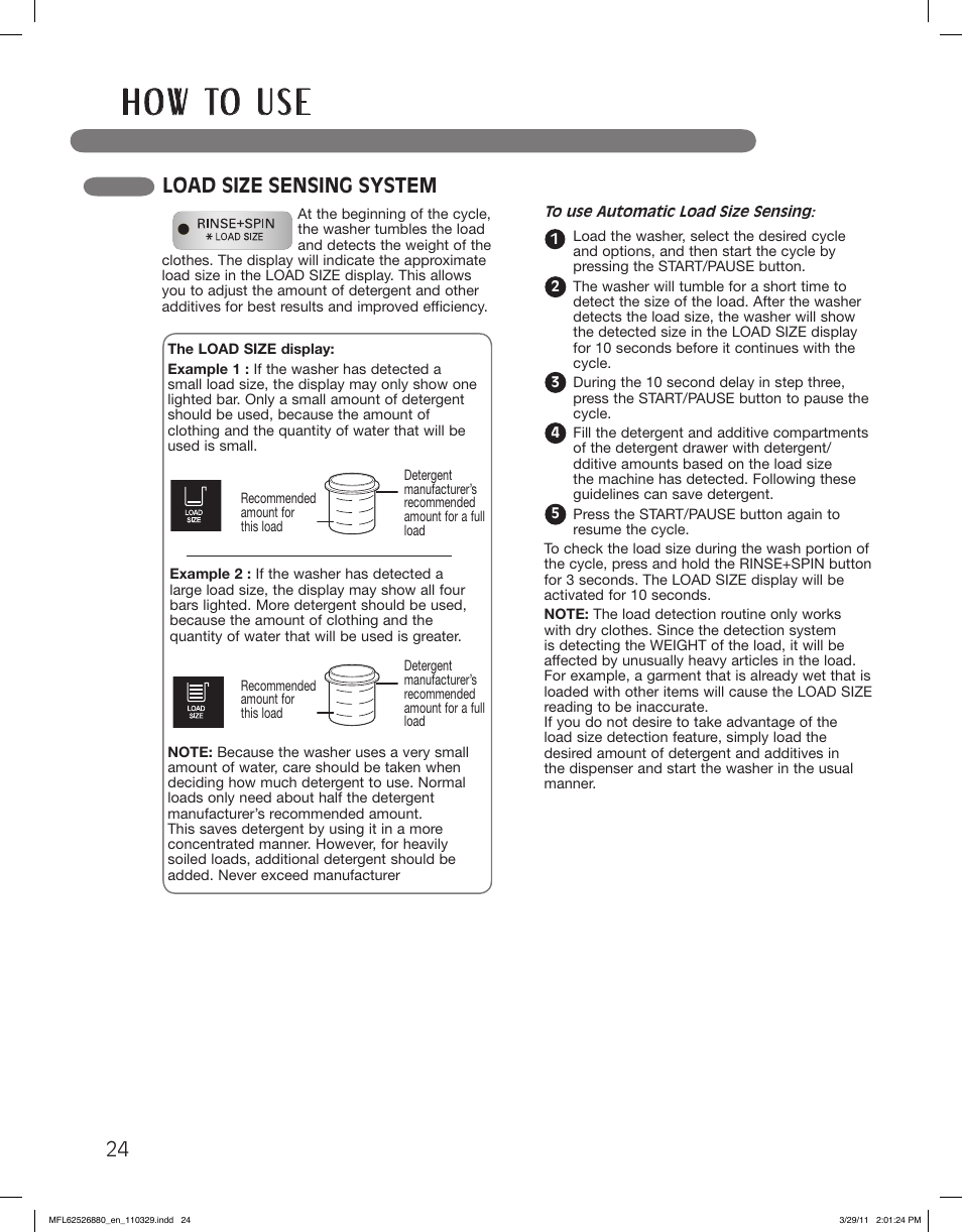 H o w to u s e, Load size sensing system | LG WM2550HWCA User Manual | Page 24 / 108