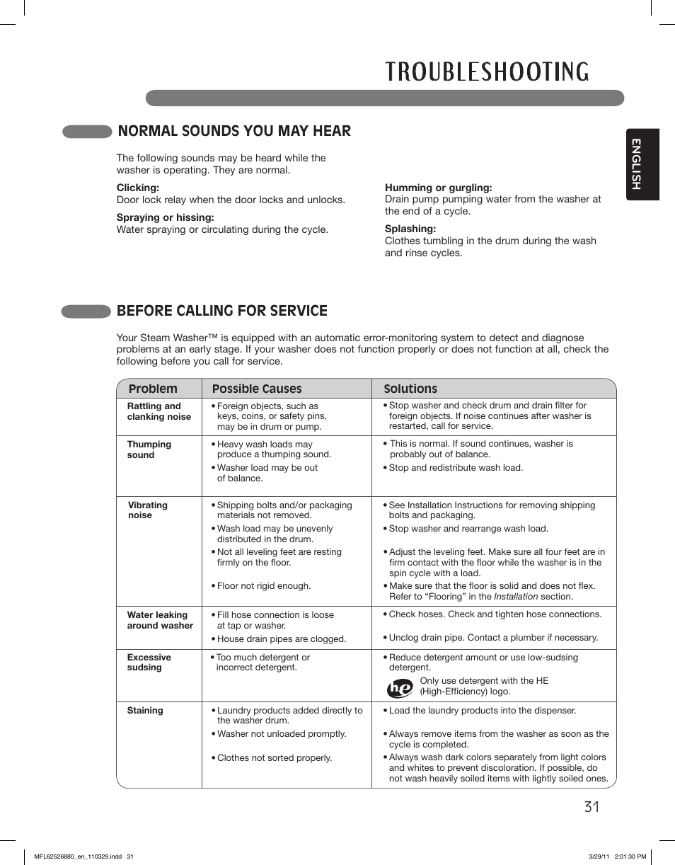 Normal sounds you may hear, Before calling for service | LG WM2550HWCA User Manual | Page 31 / 108