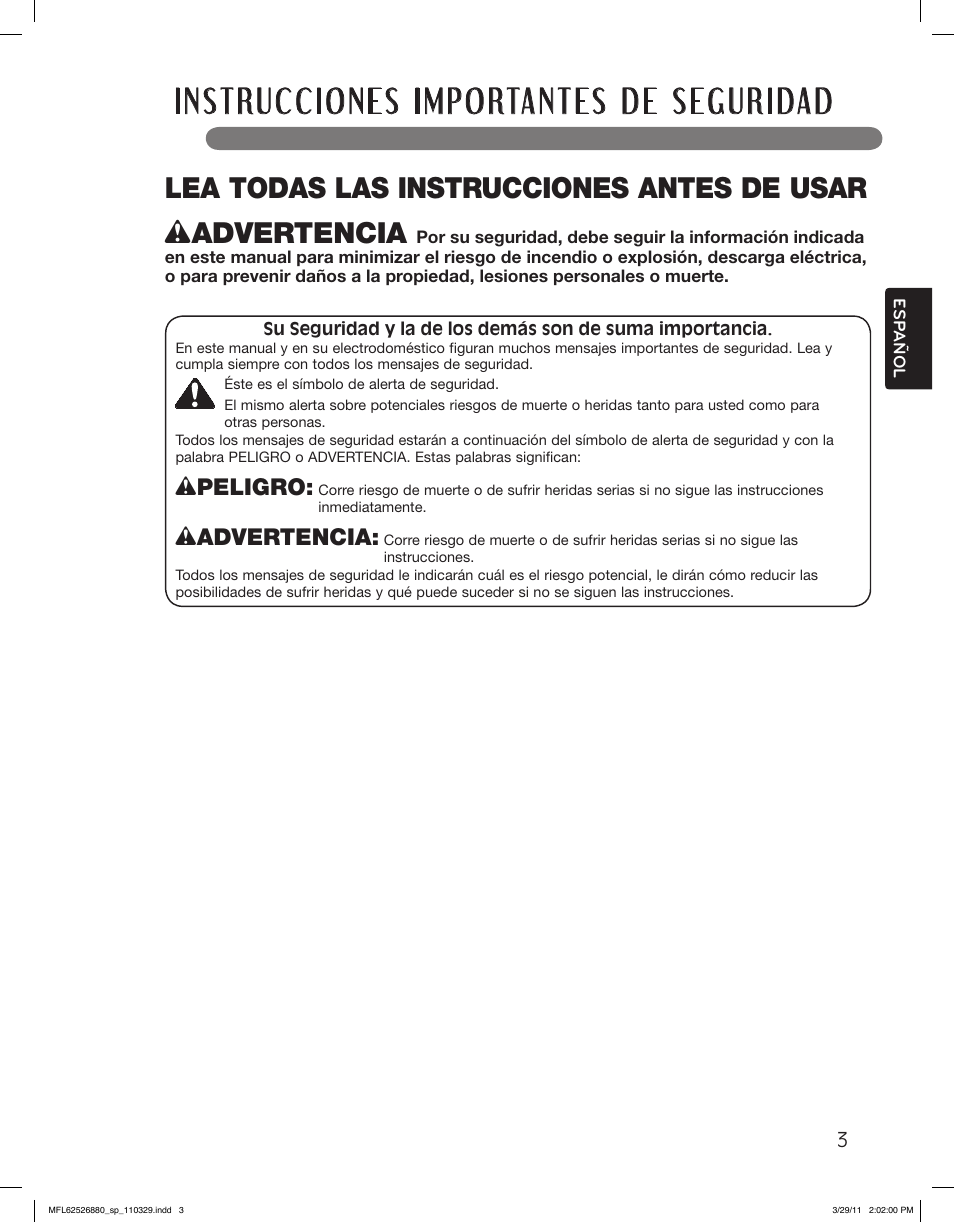 Lea todas las instrucciones antes de usar, Wpeligro, Wadvertencia | LG WM2550HWCA User Manual | Page 39 / 108