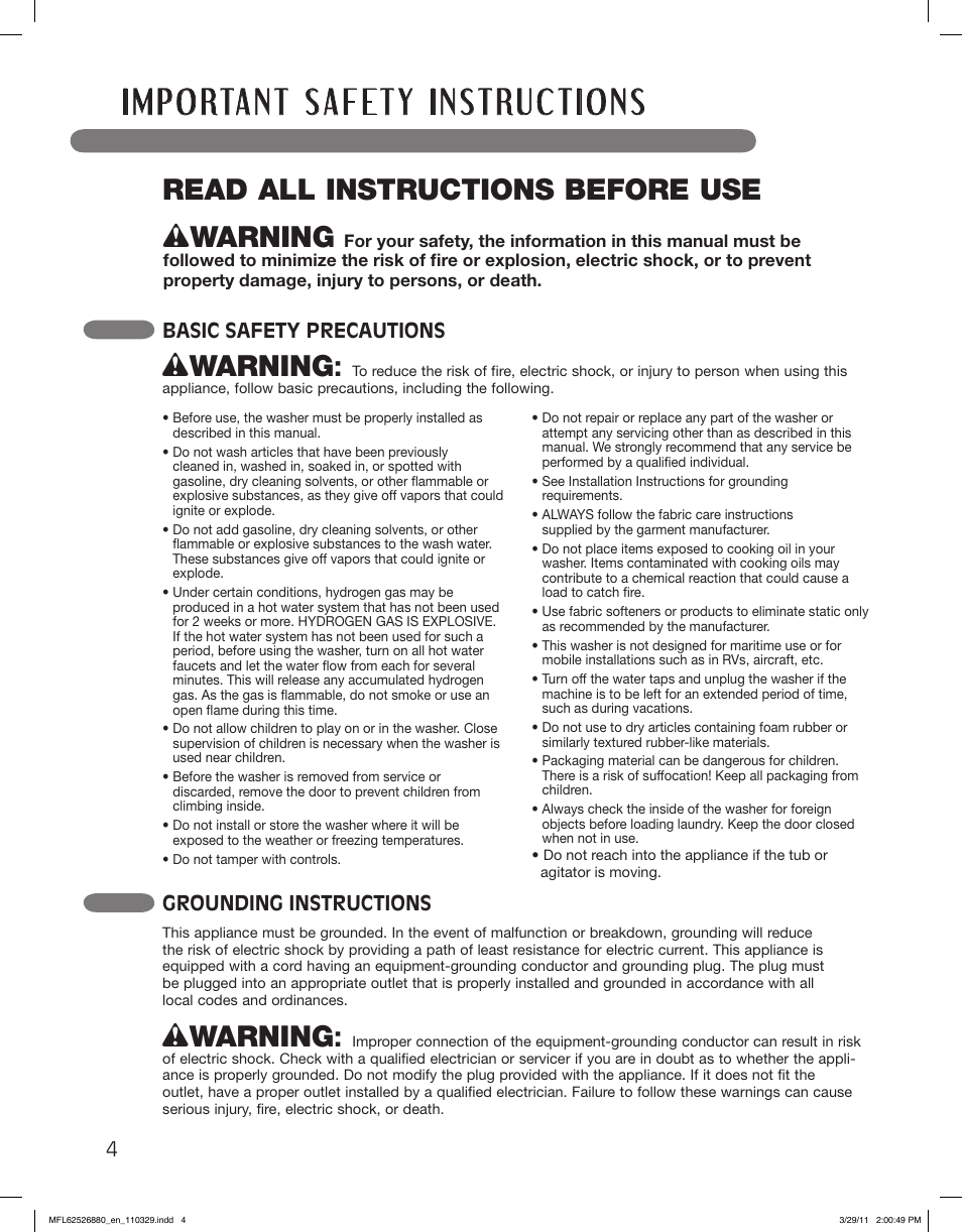 Wwarning, Read all instructions before use, Basic safety precautions | Grounding instructions | LG WM2550HWCA User Manual | Page 4 / 108