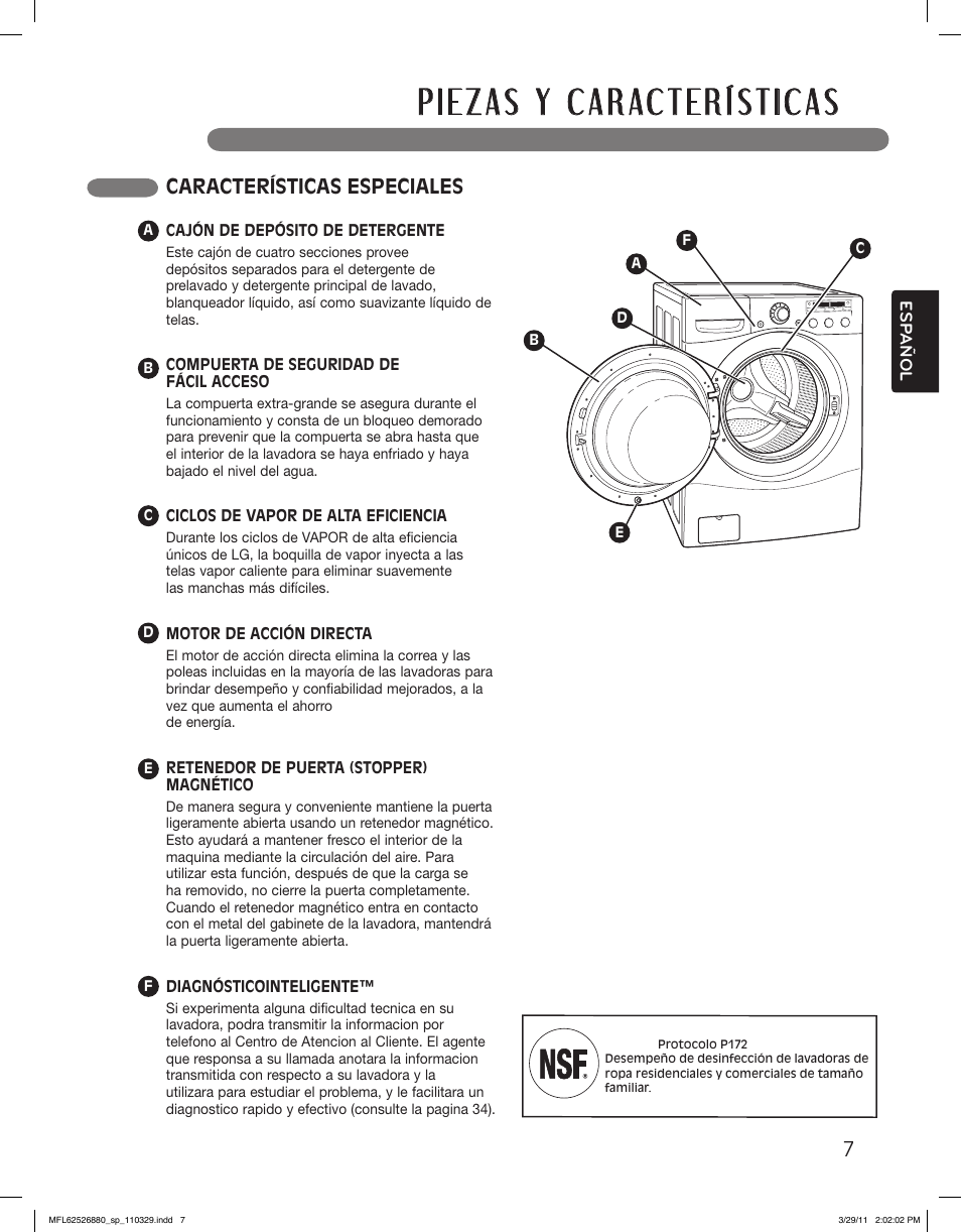 Lea todas las instrucciones antes de usar, Características especiales | LG WM2550HWCA User Manual | Page 43 / 108