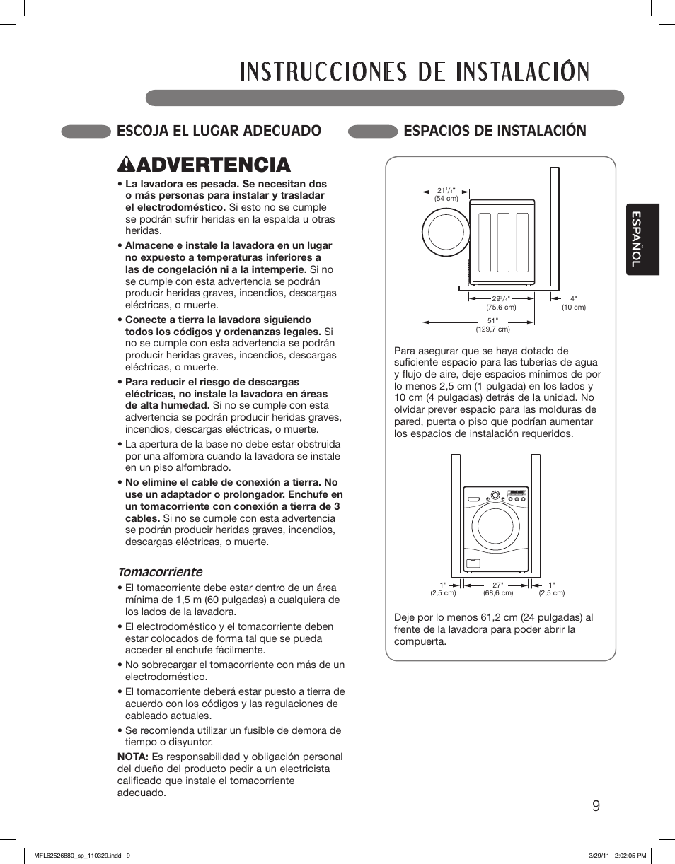 Wadvertencia, Escoja el lugar adecuado espacios de instalación, Esp añol | LG WM2550HWCA User Manual | Page 45 / 108