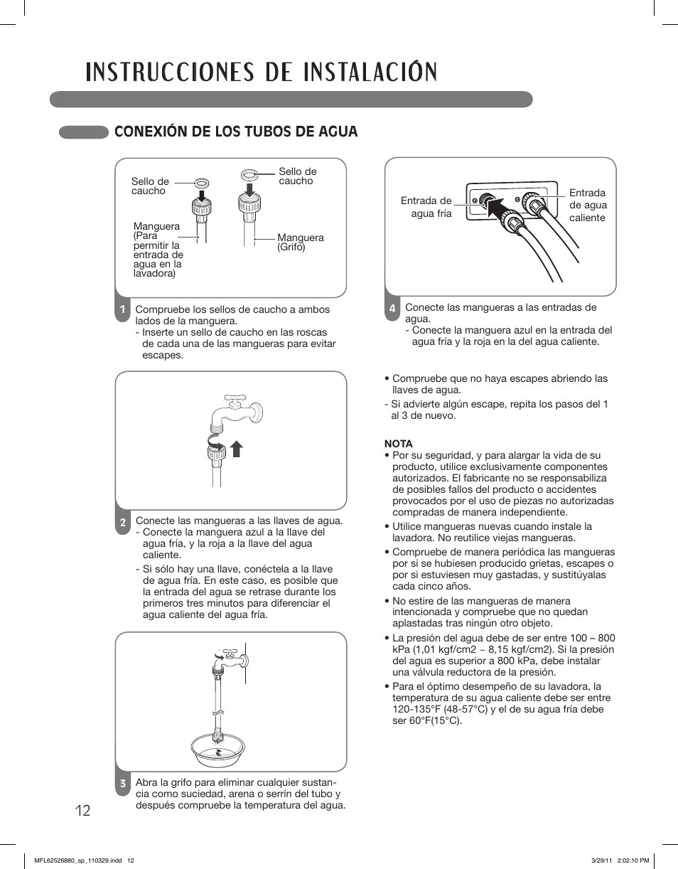 Conexión de los tubos de agua | LG WM2550HWCA User Manual | Page 48 / 108