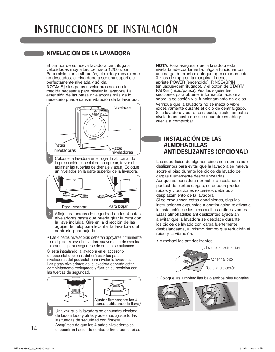 Nivelación de la lavadora | LG WM2550HWCA User Manual | Page 50 / 108