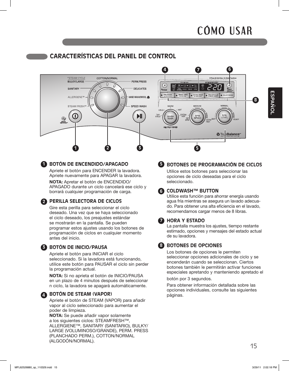 Características del panel de control | LG WM2550HWCA User Manual | Page 51 / 108