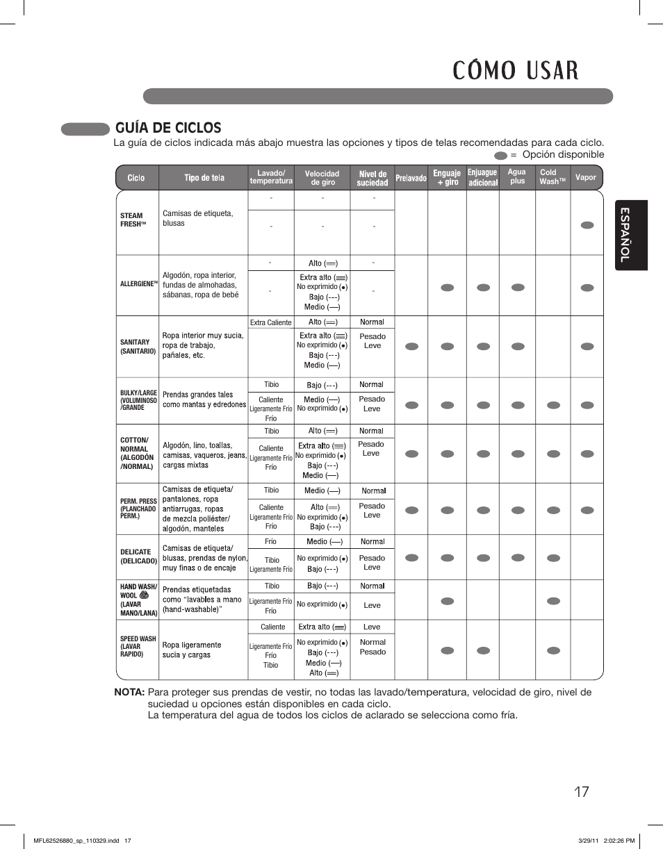 Guía de ciclos, Esp añol | LG WM2550HWCA User Manual | Page 53 / 108