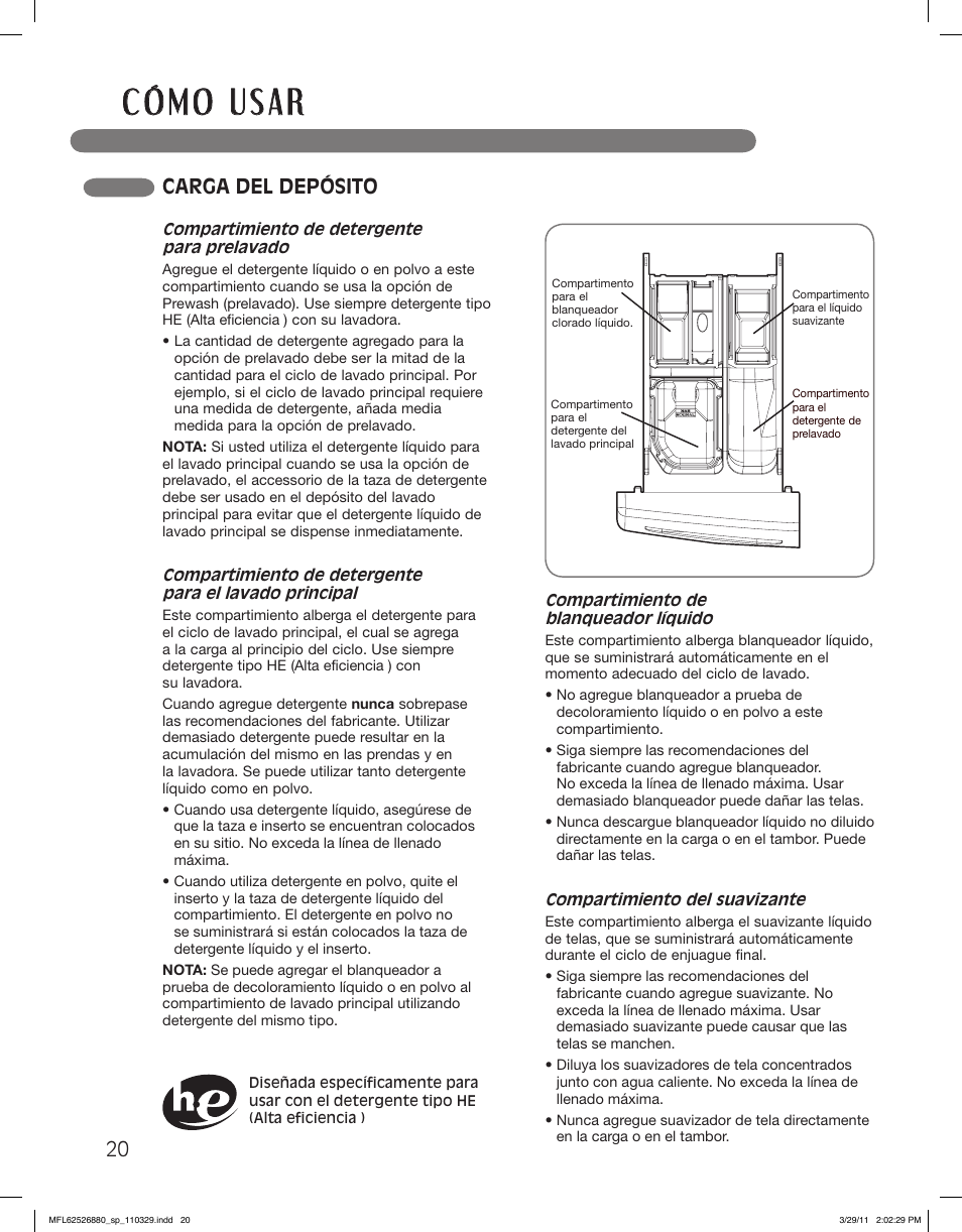 Carga del depósito | LG WM2550HWCA User Manual | Page 56 / 108