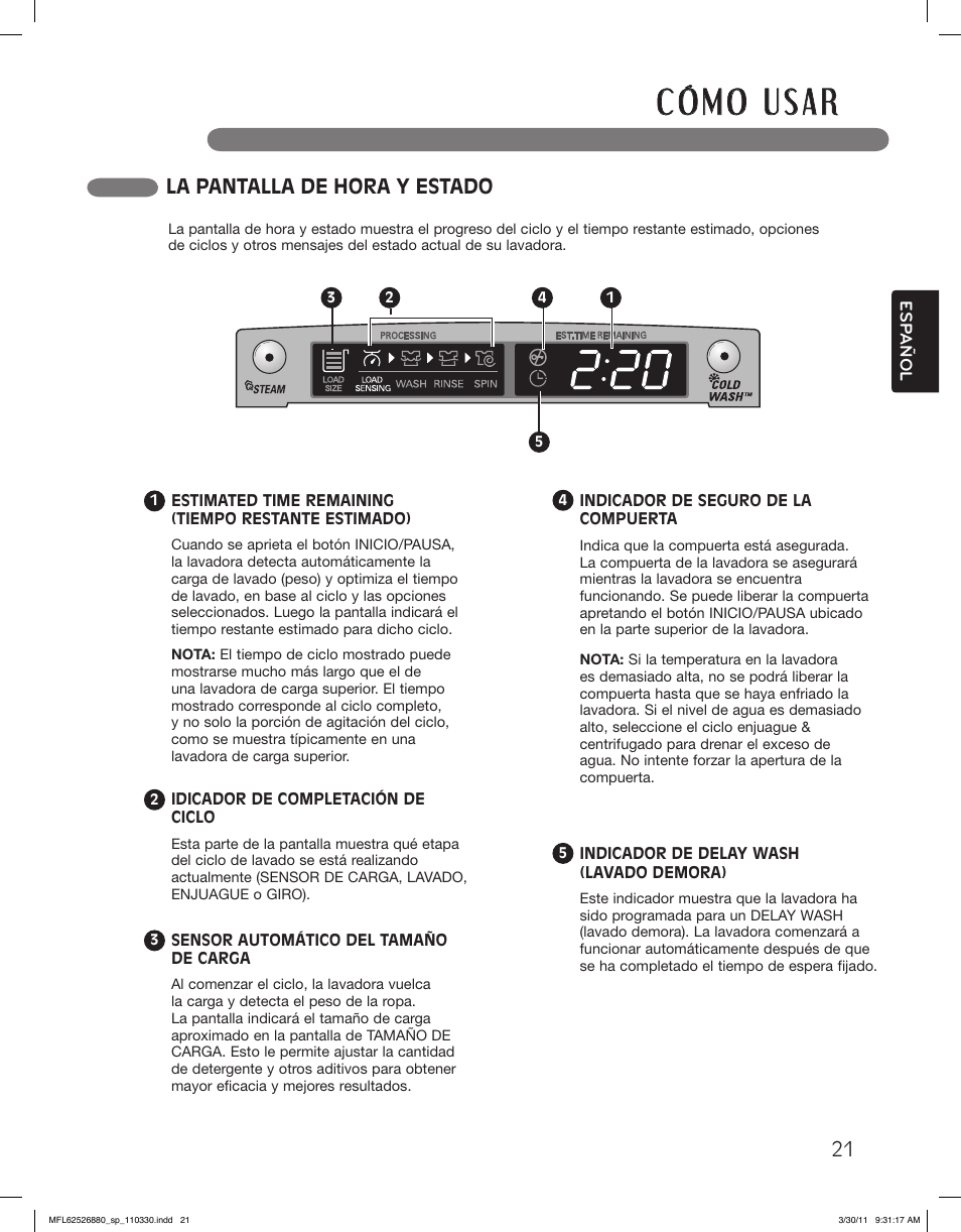 La pantalla de hora y estado | LG WM2550HWCA User Manual | Page 57 / 108