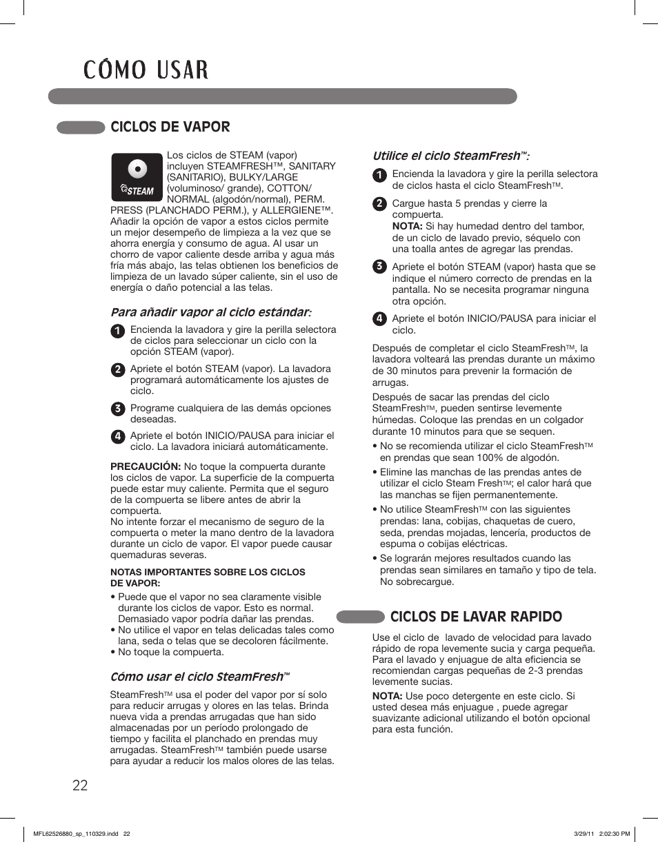 Ciclos de vapor ciclos de lavar rapido | LG WM2550HWCA User Manual | Page 58 / 108