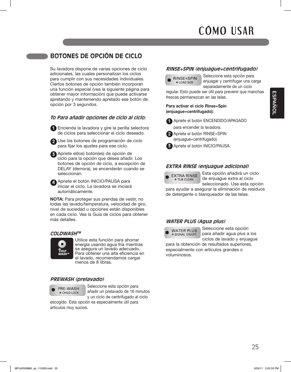 Botones de opción de ciclo | LG WM2550HWCA User Manual | Page 61 / 108